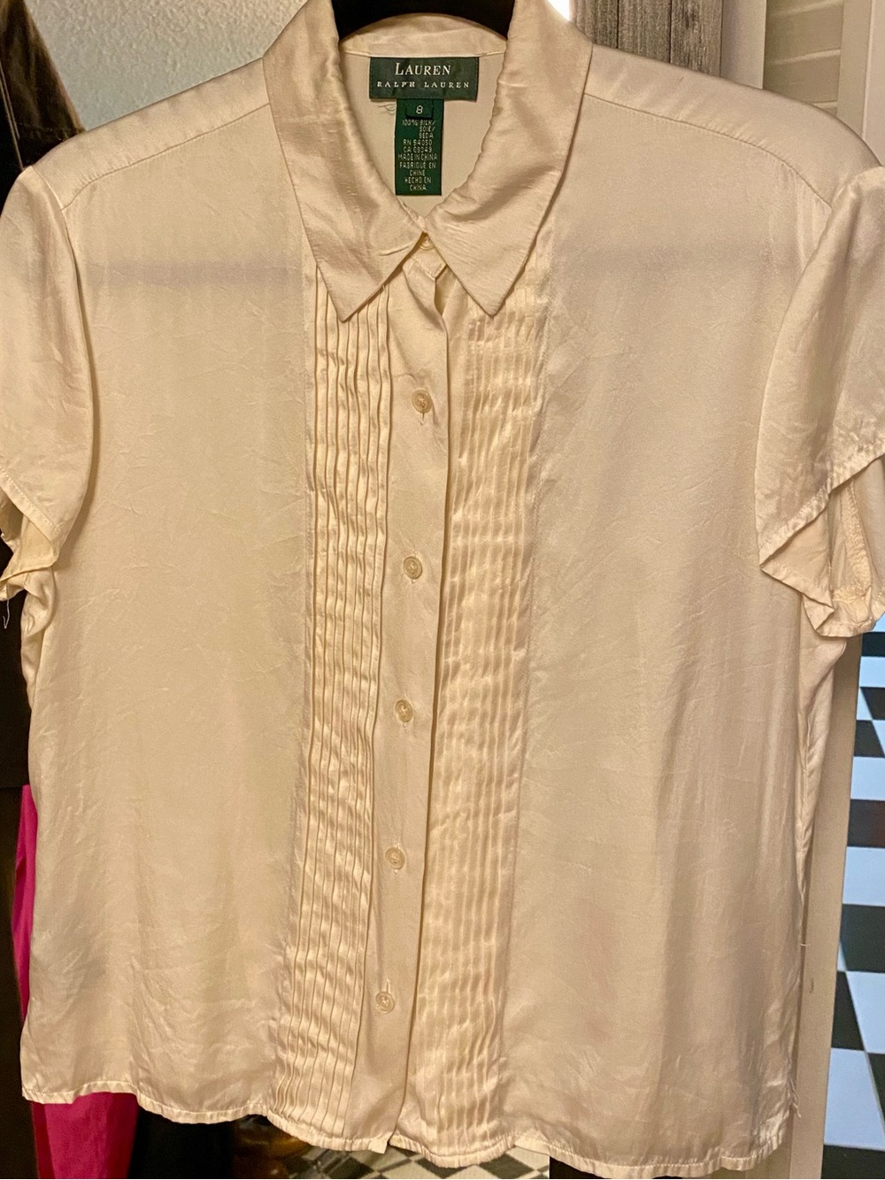 Vintage Ralph Lauren Cream Silk Blouse 90s Tuxedo Pleated Top—Size 8 (Size 4/6)